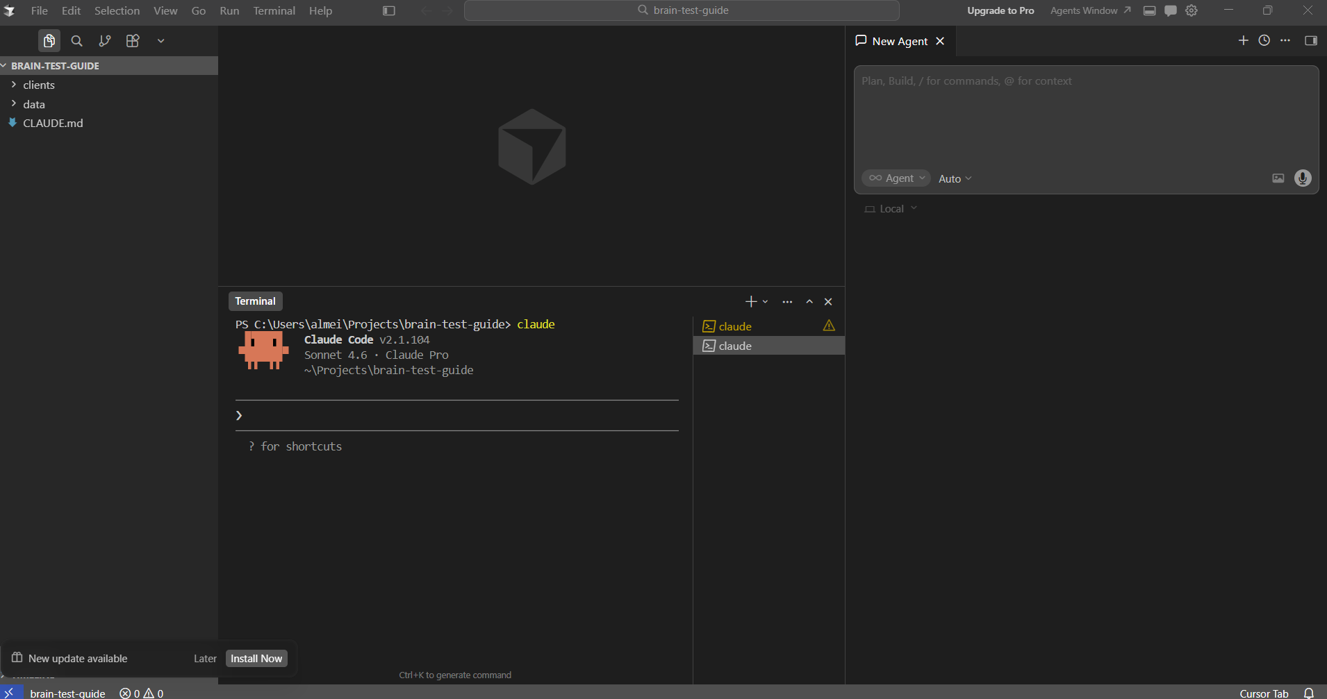 Cursor editor layout showing file explorer, editor, and terminal